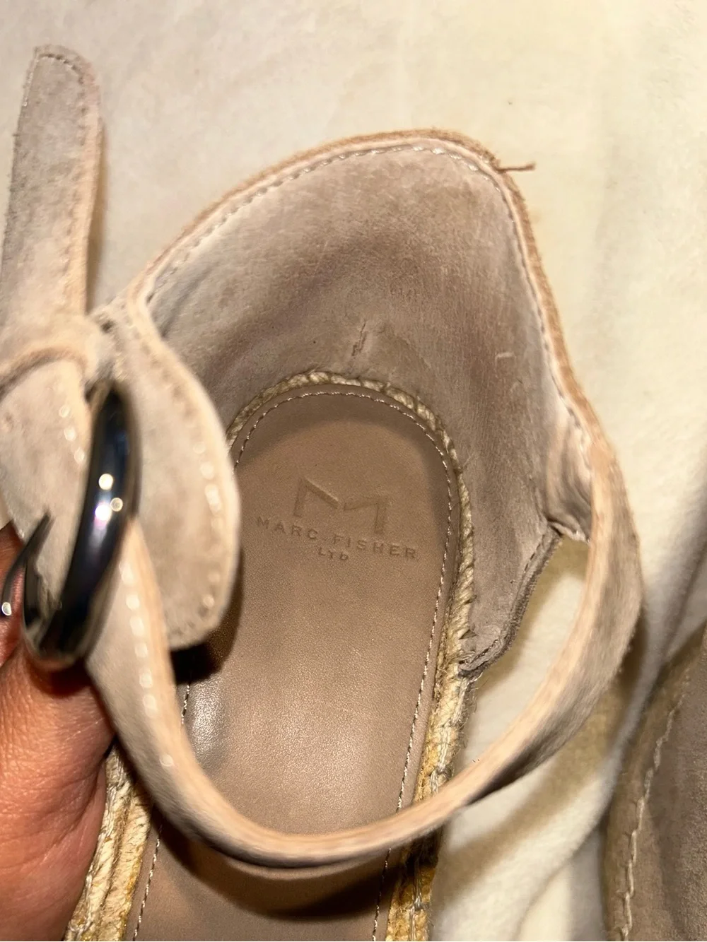 Marc Fisher Taupe Suede Espadrille Wedge Sandals with Ankle Buckle